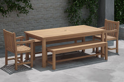 Fixed Rectangular Teak Table with Backless Benches and 2 Carver Chairs