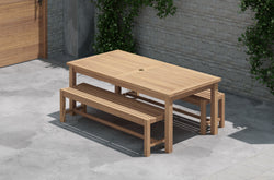 Fixed Rectangular Teak Dining Table With two Backless Teak Benches