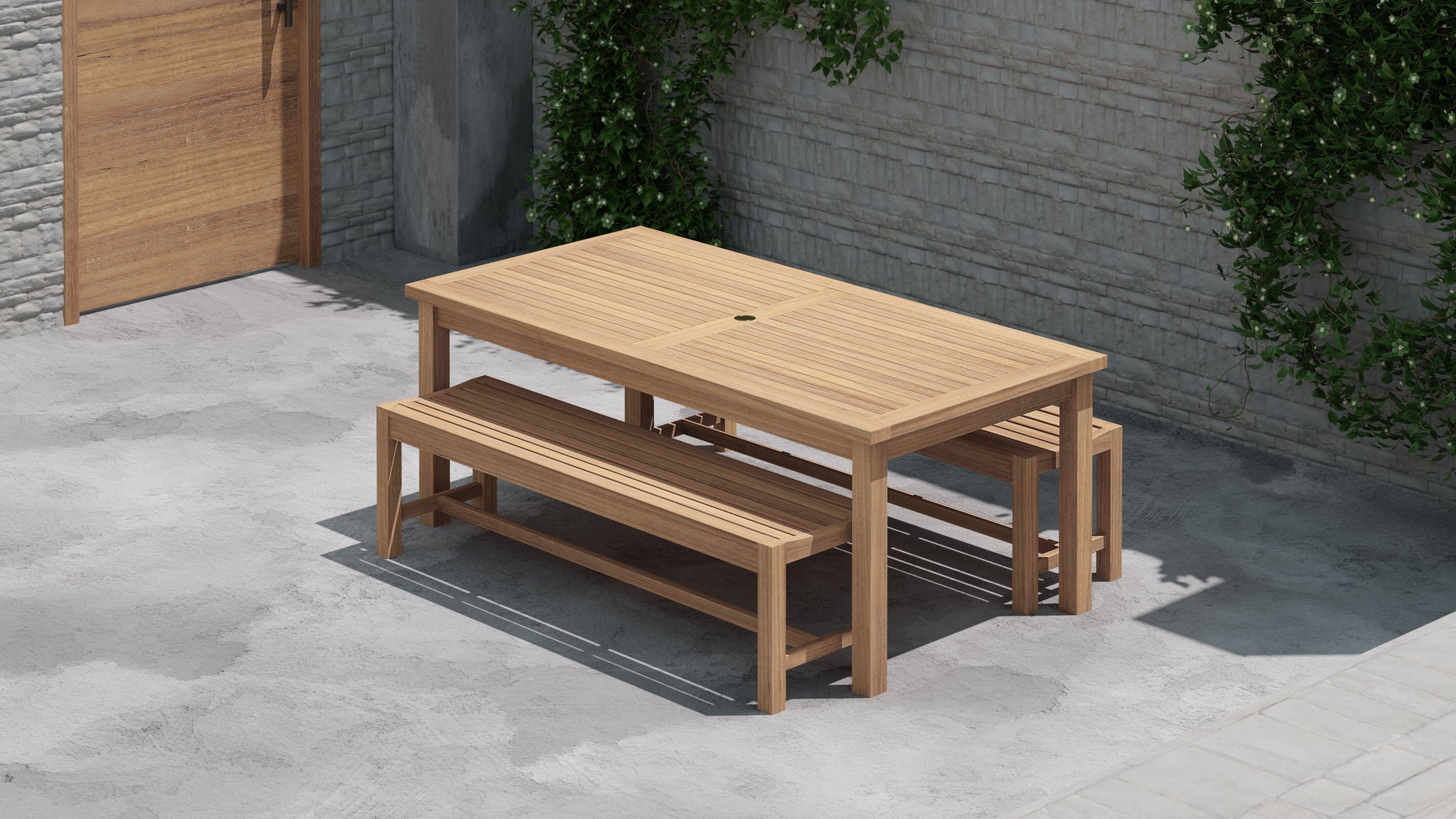 Fixed Rectangular Teak Dining Table With two Backless Teak Benches