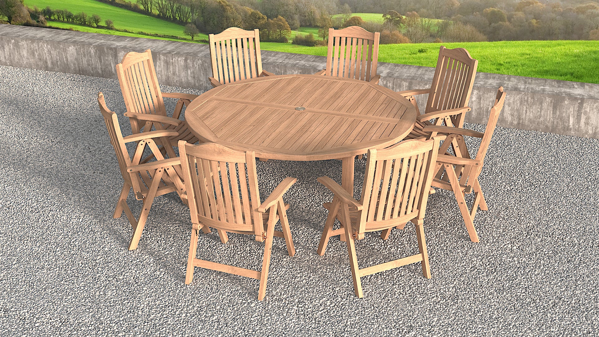 Teak Round fixed dining table and chair set top view